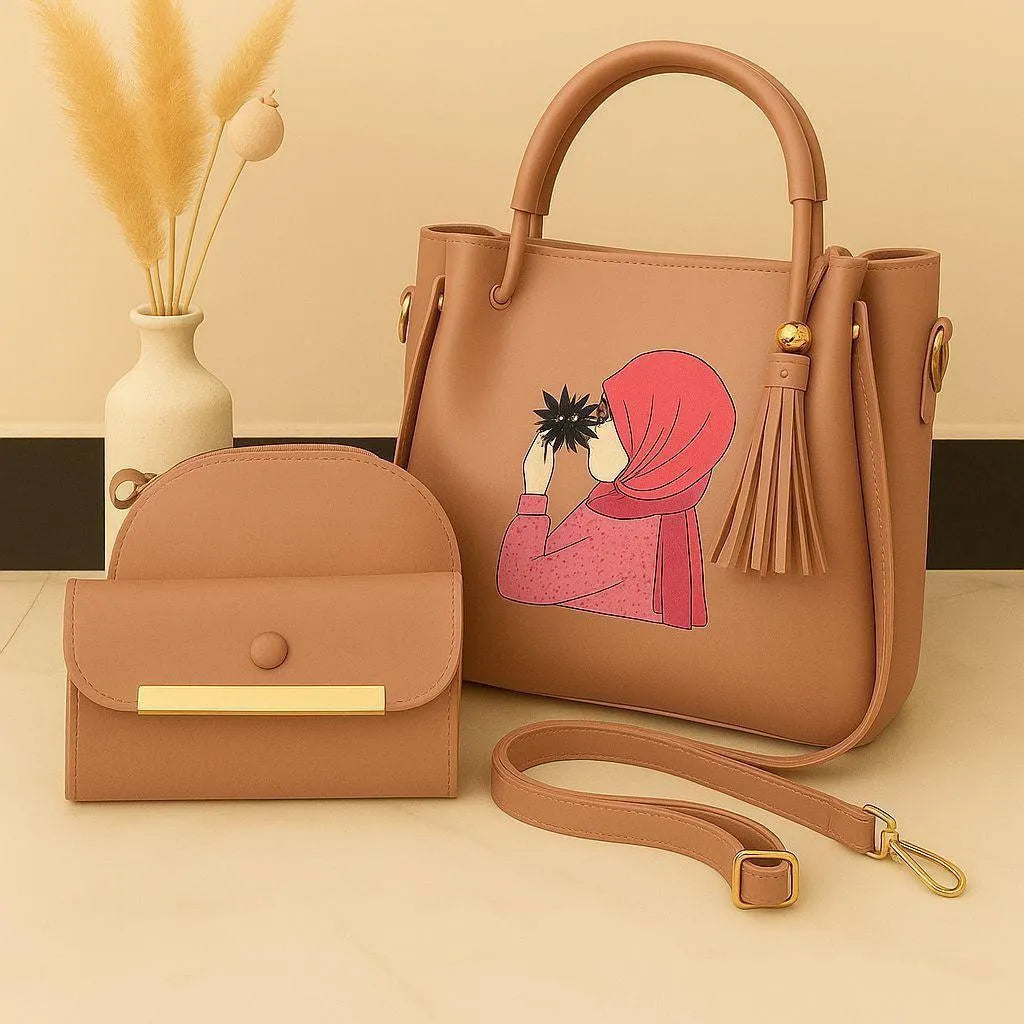 Peach Printed Leather Handbag Set for Women with Tassel Accent