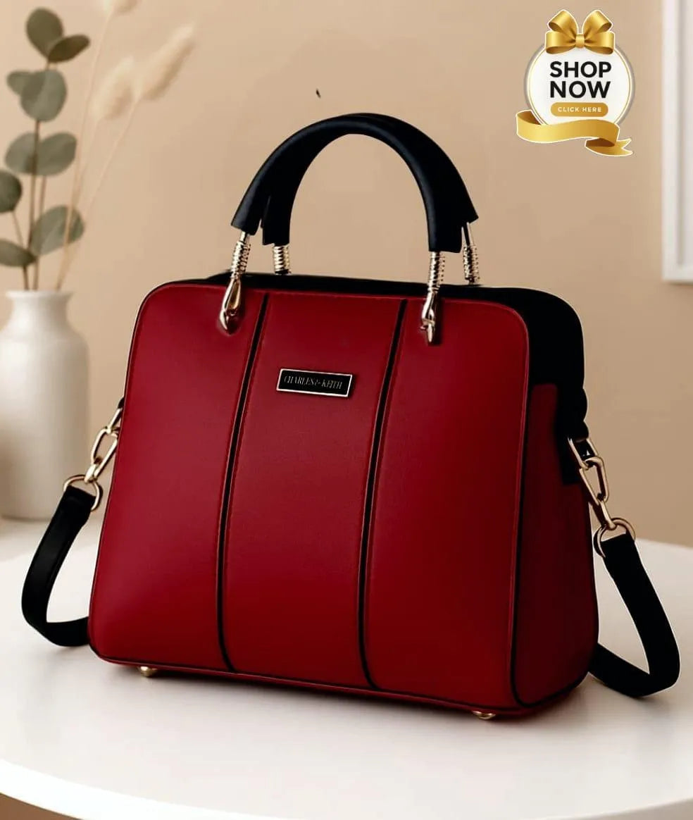 Black Leather Handbag with Belt for Women