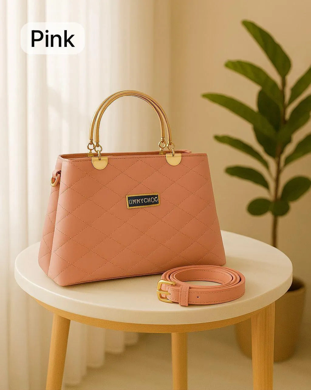 Maroon Diamond Stitch Handbag With Premium Strap