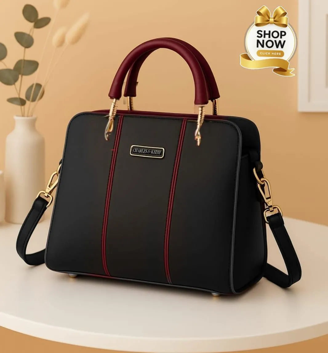 Black Leather Handbag with Belt for Women
