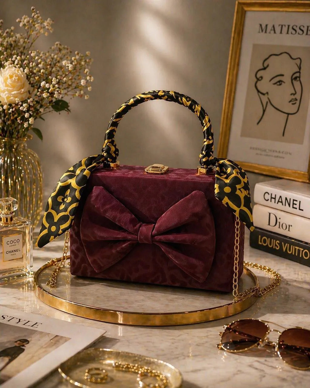 Royal Bow Handbag With Gold Chain Handle