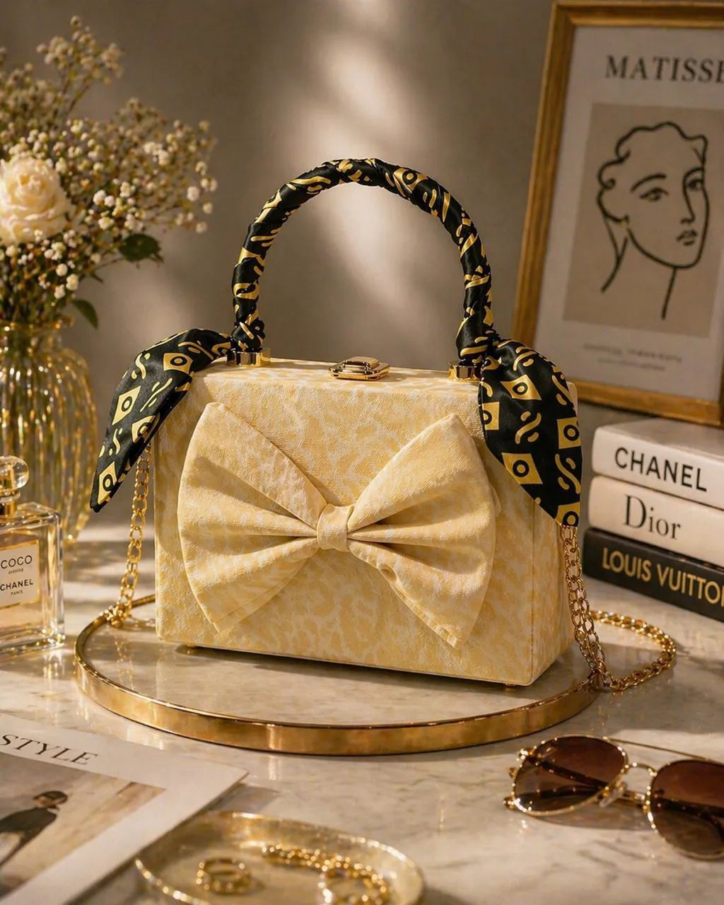 Royal Bow Handbag With Gold Chain Handle