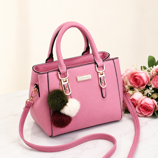 Elegant Pink Handbag with Pom Pom Charm