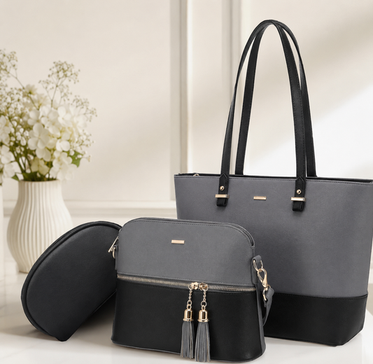 3-Piece Grey Black Rexine Handbag Set for Girls