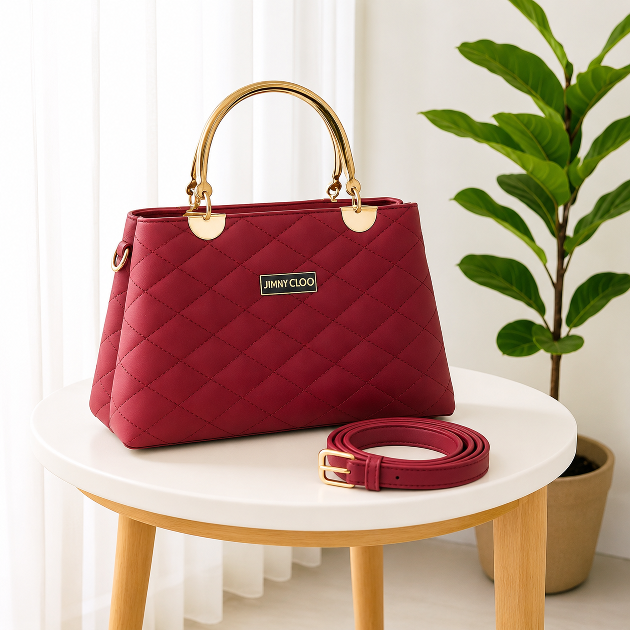 Maroon Diamond Stitch Handbag With Premium Strap